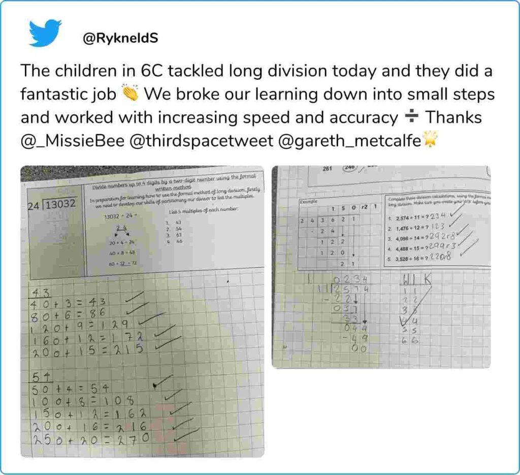 Positive tweet about using Third Space Learning's long division blog