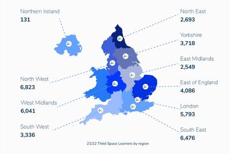 Map of England showing Third Space learners by region