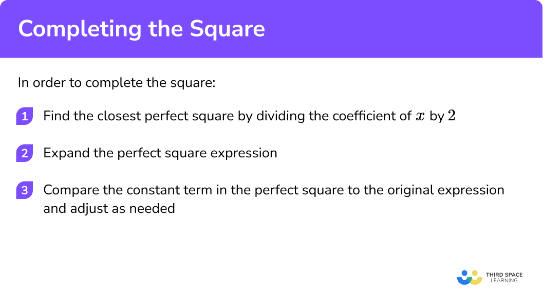 Explain how to complete the square in 3 steps